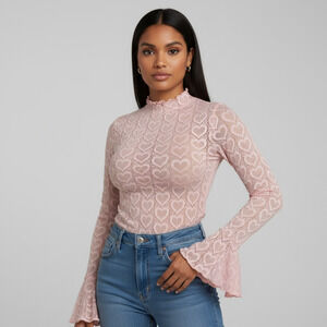 Heart Pink Flare Sleeve Mock Neck Fitted Top